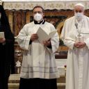 Pope Francis and Bartolomew I, Patriarch of Constantinopolis, attend a inter-religious ceremony for peace in the Basilica of Santa Maria in Aracoeli, in Rome Tuesday, Oct. 20, 2020 (AP Photo/Gregorio Borgia)