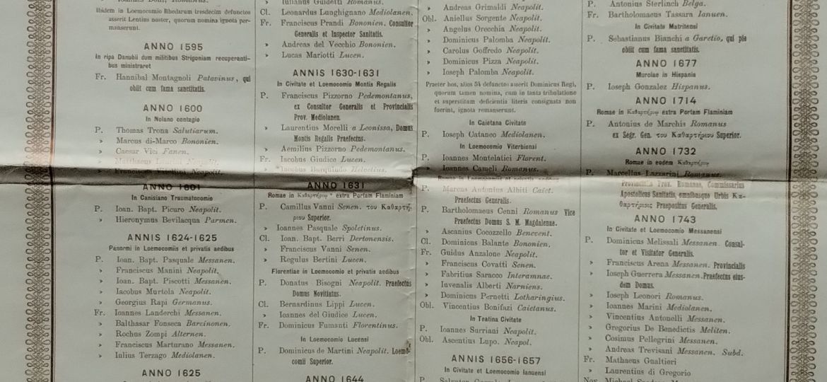 Tavola cin nominativi dei religiosi morti in occasione di male contagioso, pestilenza e cholera dal 1589 al 1855